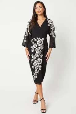 Floral Embroidered Kimono Sleeve Wrap Dress