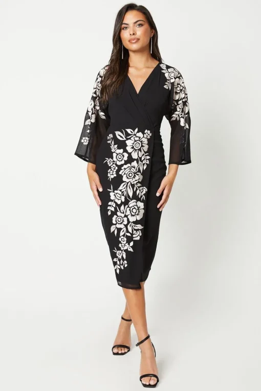 Floral Embroidered Kimono Sleeve Wrap Dress