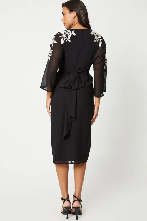 Floral Embroidered Kimono Sleeve Wrap Dress