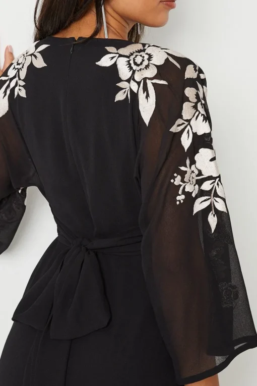 Floral Embroidered Kimono Sleeve Wrap Dress