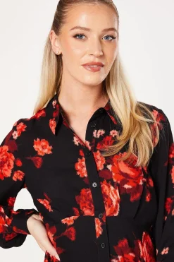 Floral Empire Half Placket Mini Shirt Dress