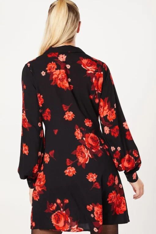 Floral Empire Half Placket Mini Shirt Dress