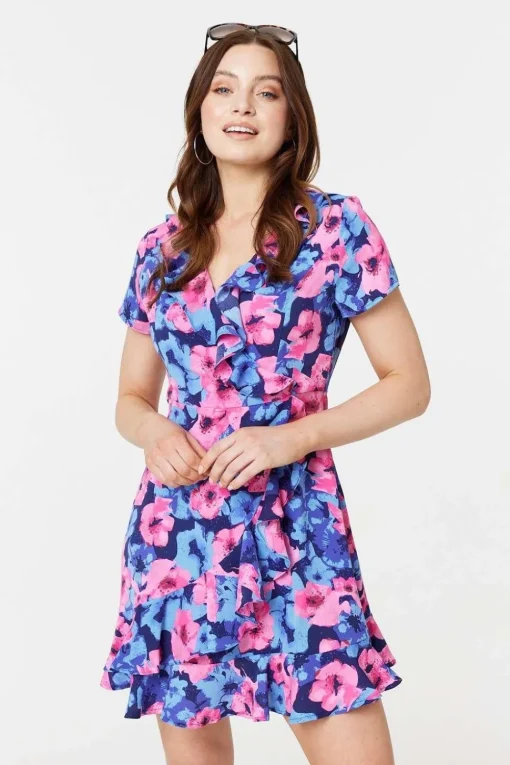 Floral Frill Faux Wrap Short Dress