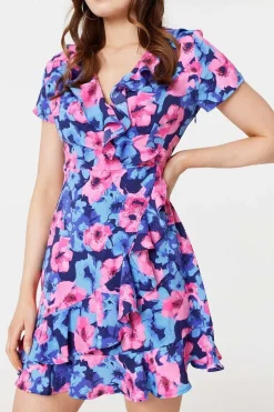 Floral Frill Faux Wrap Short Dress
