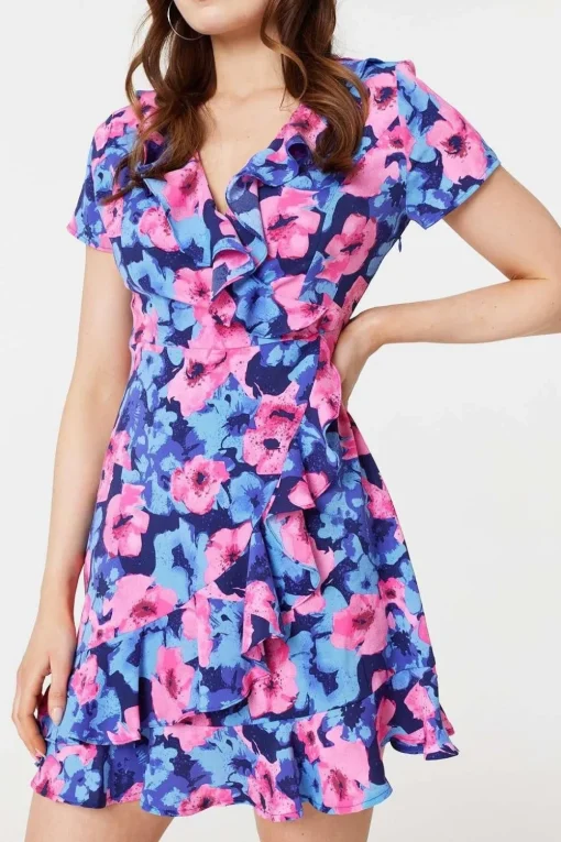 Floral Frill Faux Wrap Short Dress