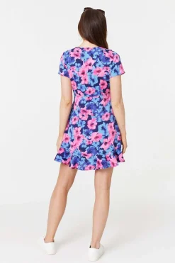Floral Frill Faux Wrap Short Dress