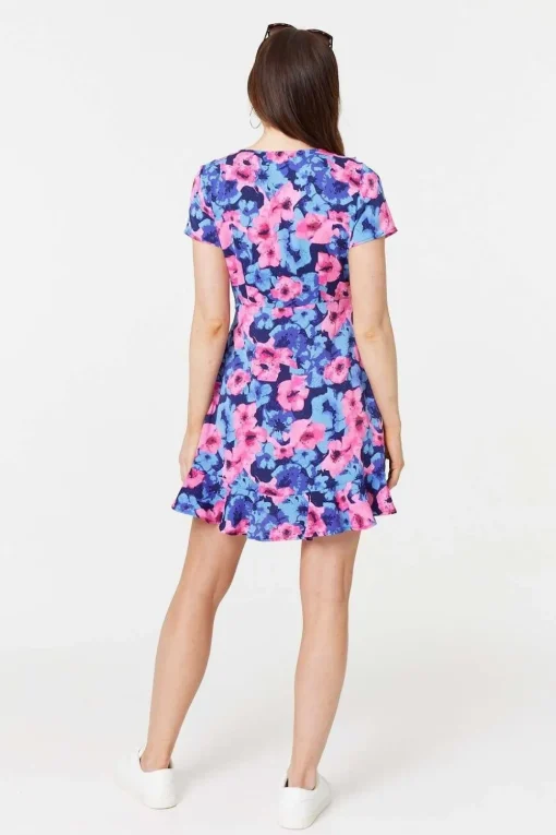 Floral Frill Faux Wrap Short Dress