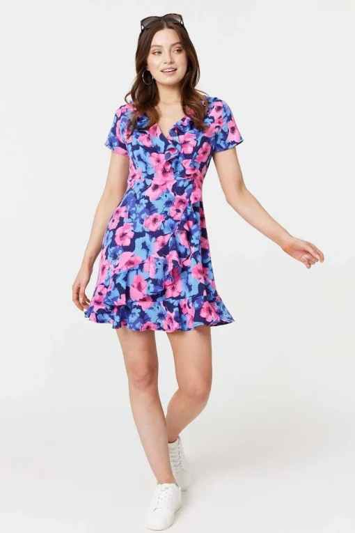 Floral Frill Faux Wrap Short Dress