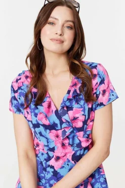 Floral Frill Faux Wrap Short Dress