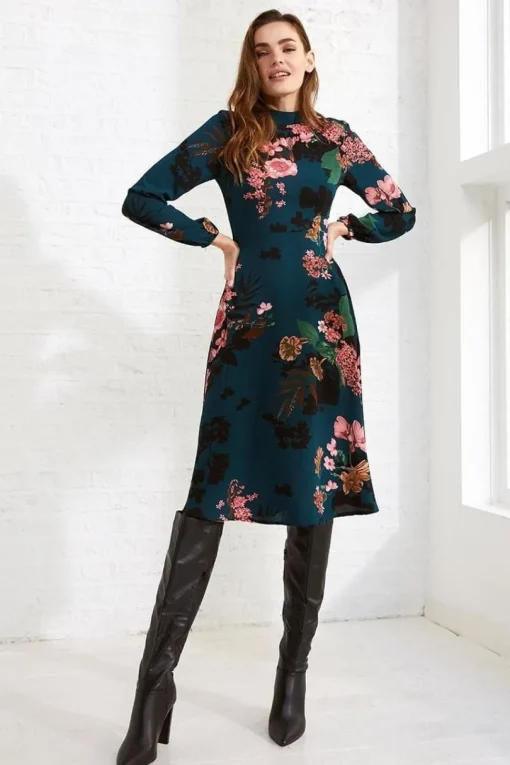 Floral High Neck Midi Dress