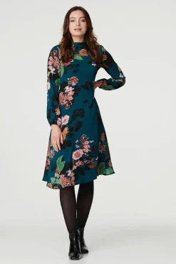 Floral High Neck Midi Dress