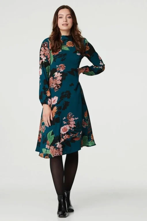 Floral High Neck Midi Dress