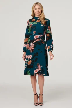 Floral High Neck Midi Dress
