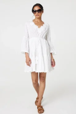 Floral Lace Flare Sleeve Mini Beach Dress