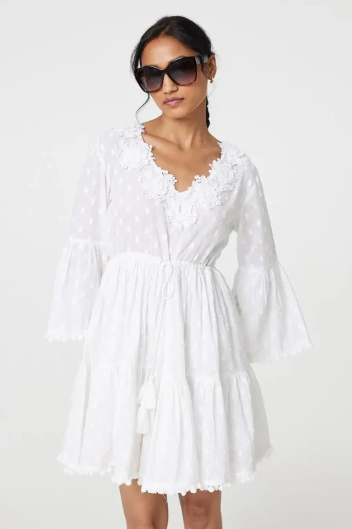 Floral Lace Flare Sleeve Mini Beach Dress
