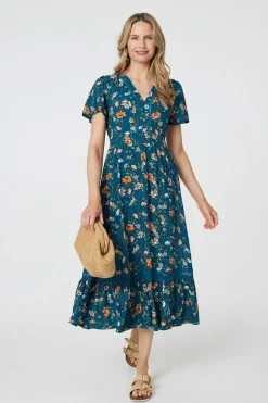 Floral Lace Trim Short Sleeve Midi Dress
