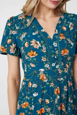 Floral Lace Trim Short Sleeve Midi Dress