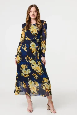 Floral Long Sleeve Chiffon Midi Dress