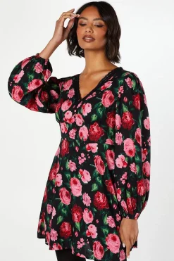 Floral Long Sleeve Lace Trim Button Front Mini Dress