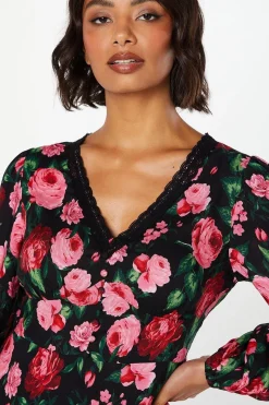 Floral Long Sleeve Lace Trim Button Front Mini Dress
