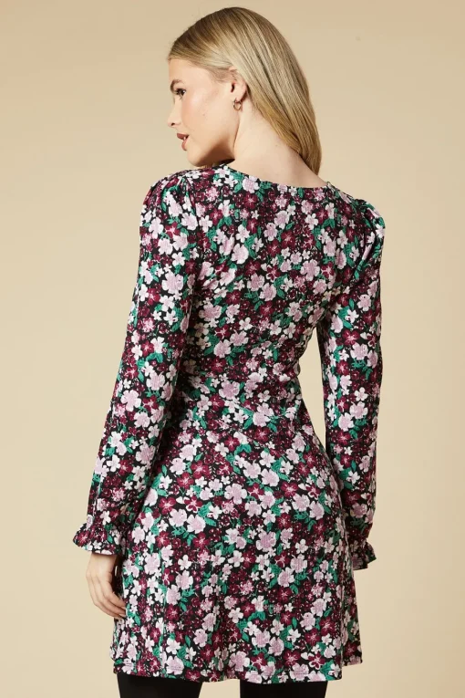 Floral Long Sleeve V Neck Mini Dress