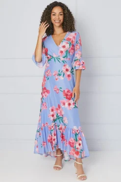 Floral Mesh Ruffle Sleeve Midaxi Dress