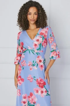 Floral Mesh Ruffle Sleeve Midaxi Dress