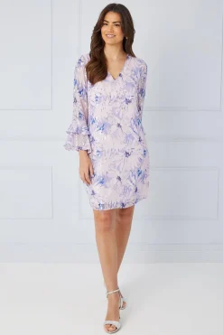 Floral Metallic Ruffle Sleeve Shift Dress
