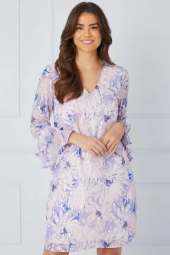 Floral Metallic Ruffle Sleeve Shift Dress