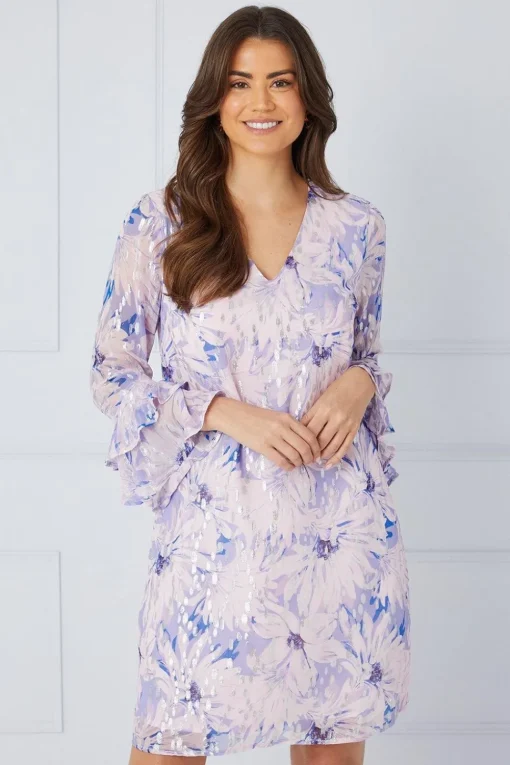 Floral Metallic Ruffle Sleeve Shift Dress