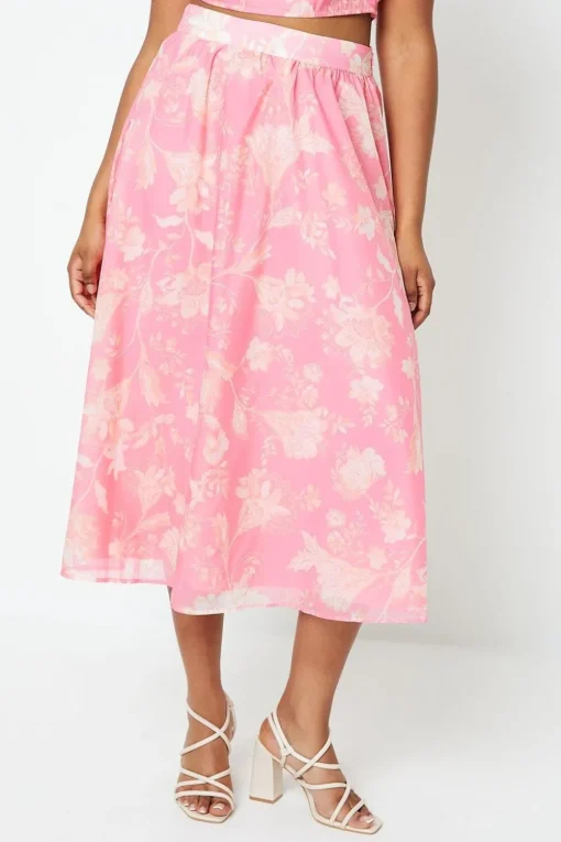 Floral Organza Pleated Midi Skirt