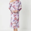 Floral Print Drape Satin Jacquard Midi Dress