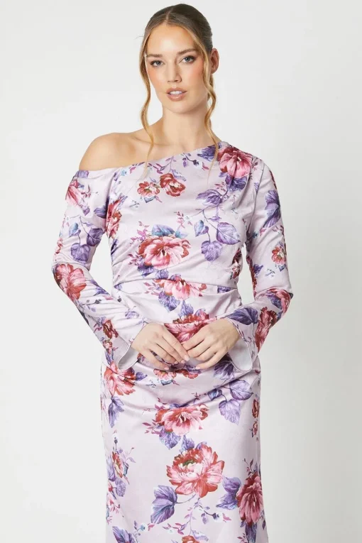 Floral Print Drape Satin Jacquard Midi Dress