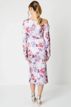 Floral Print Drape Satin Jacquard Midi Dress