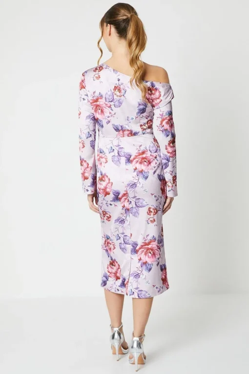 Floral Print Drape Satin Jacquard Midi Dress