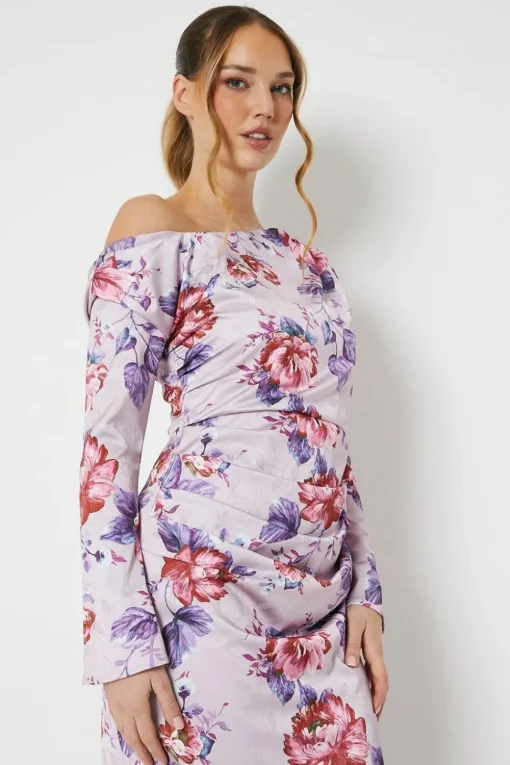 Floral Print Drape Satin Jacquard Midi Dress