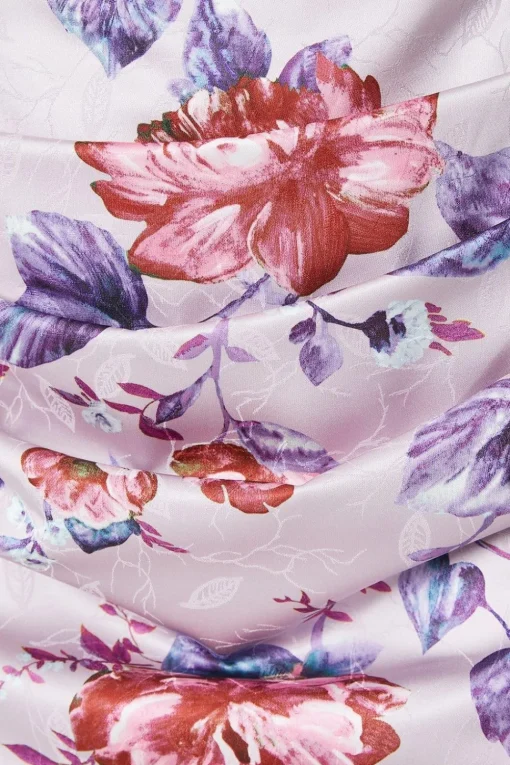 Floral Print Drape Satin Jacquard Midi Dress