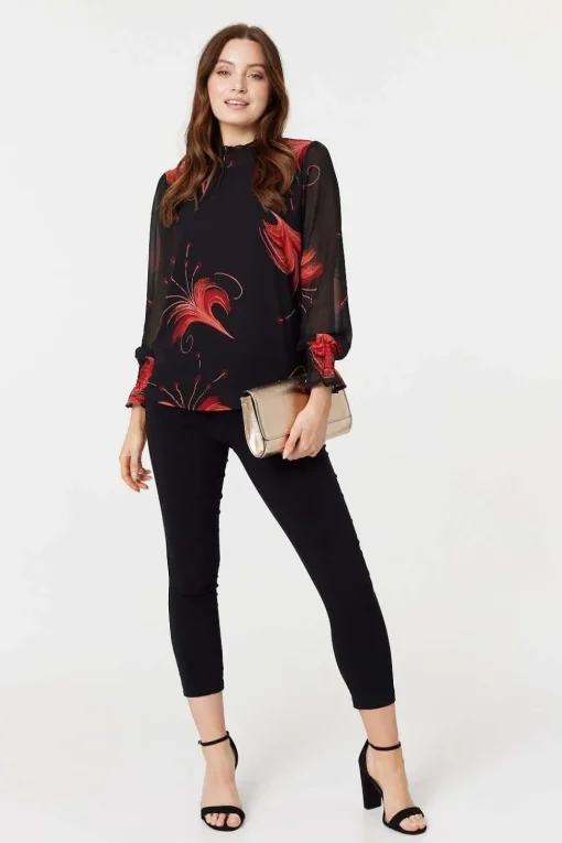 Floral Print High Neck Sheer Blouse