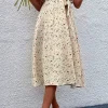 Floral Print High Waist Wrap Midi Dress In Beige