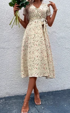 Floral Print High Waist Wrap Midi Dress In Beige