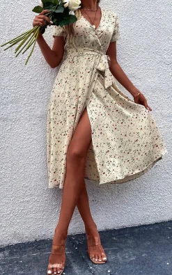 Floral Print High Waist Wrap Midi Dress In Beige