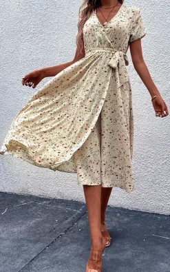 Floral Print High Waist Wrap Midi Dress In Beige
