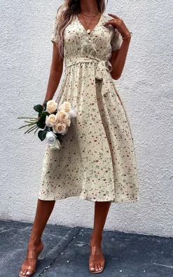 Floral Print High Waist Wrap Midi Dress In Beige
