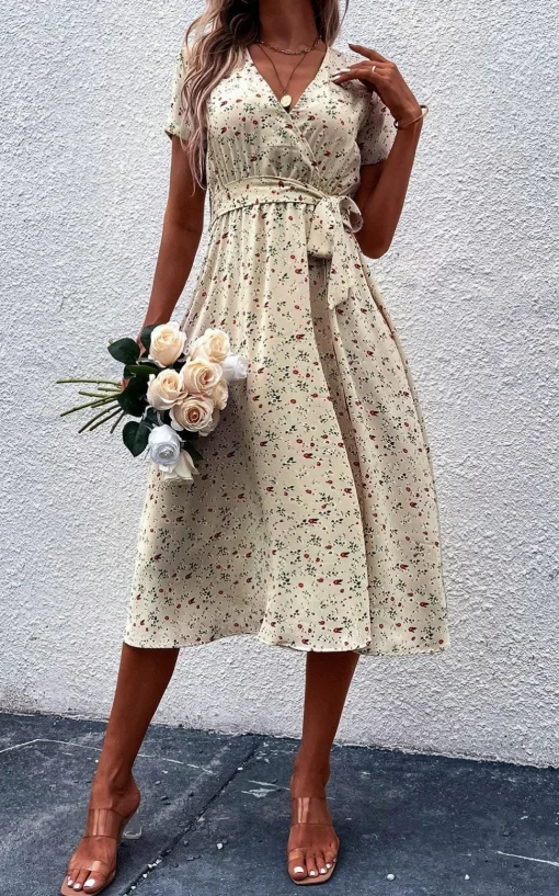 Floral Print High Waist Wrap Midi Dress In Beige