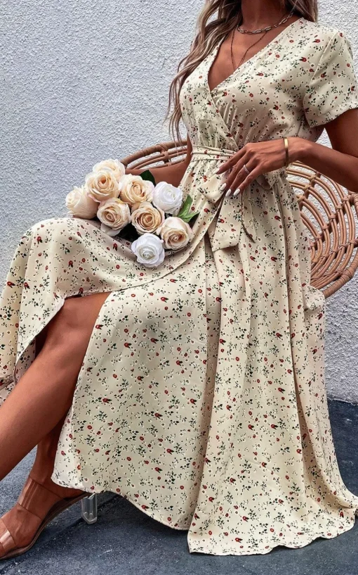 Floral Print High Waist Wrap Midi Dress In Beige