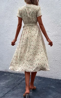 Floral Print High Waist Wrap Midi Dress In Beige