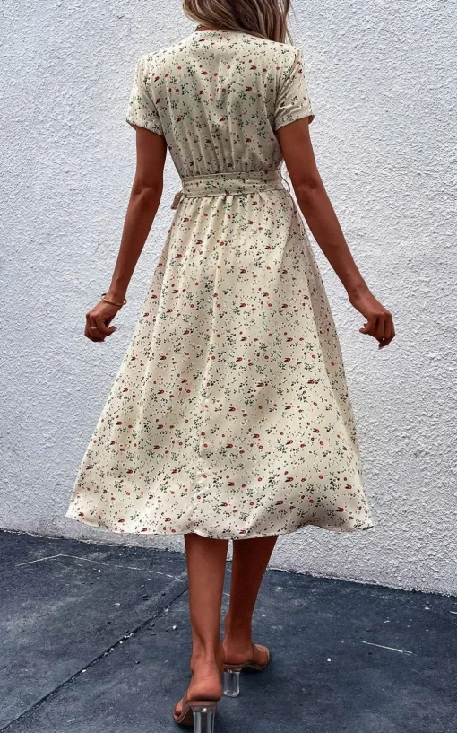 Floral Print High Waist Wrap Midi Dress In Beige