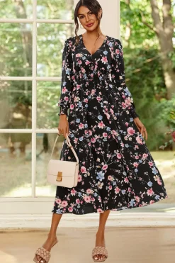Floral Print Long Sleeve Midi Dress In Black