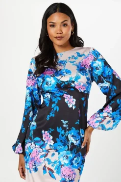 Floral Print Long Sleeve Midi Wedding Guest Dress