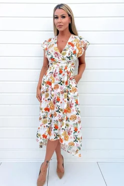 Floral Print Short Sleeve Wrap Midi Dress
